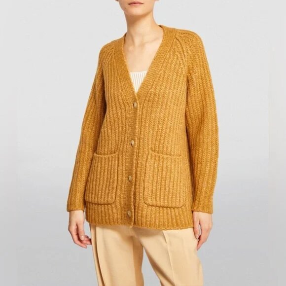 VINCE Alpaca-Wool Ribbed Cardigan Sweater Pockets In Gold...